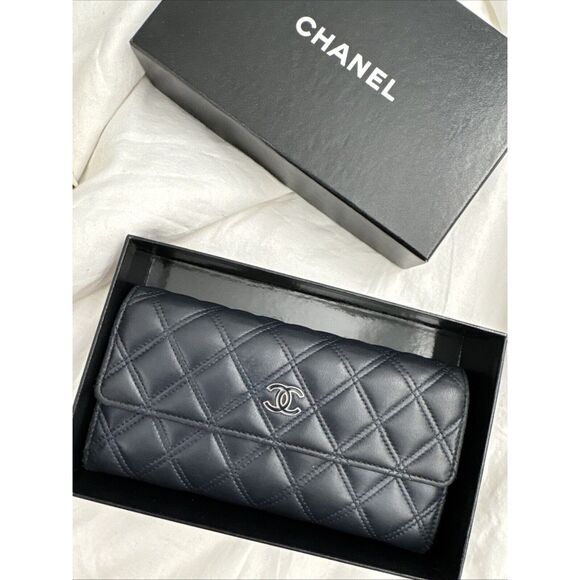 CHANEL Logo Navy Silver Toe Double Stitch Long Wallet W/box - Picture 1 of 16